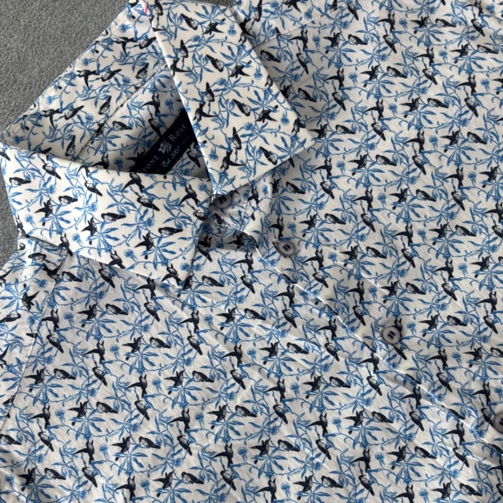 Stone Rose Mens Hummingbird Print Short Sleeve Button Down Shirt Blue White S